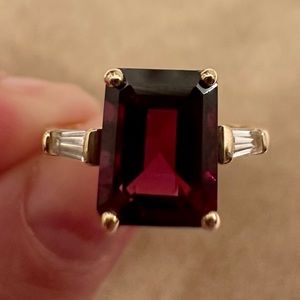 Emerald Cut Grape Colored Garnet and White Zircon Yellow Gold Ring